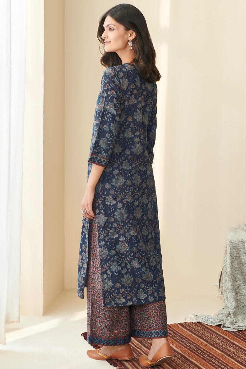 Indigo Hand Block Printed Straight Cotton Kurta