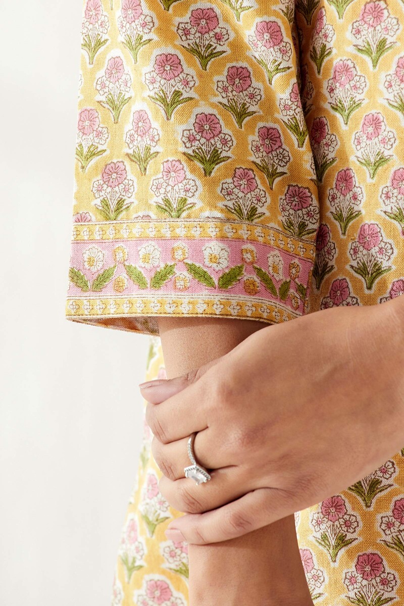 Yellow Hand Block Printed Straight Cotton Flax Kurta