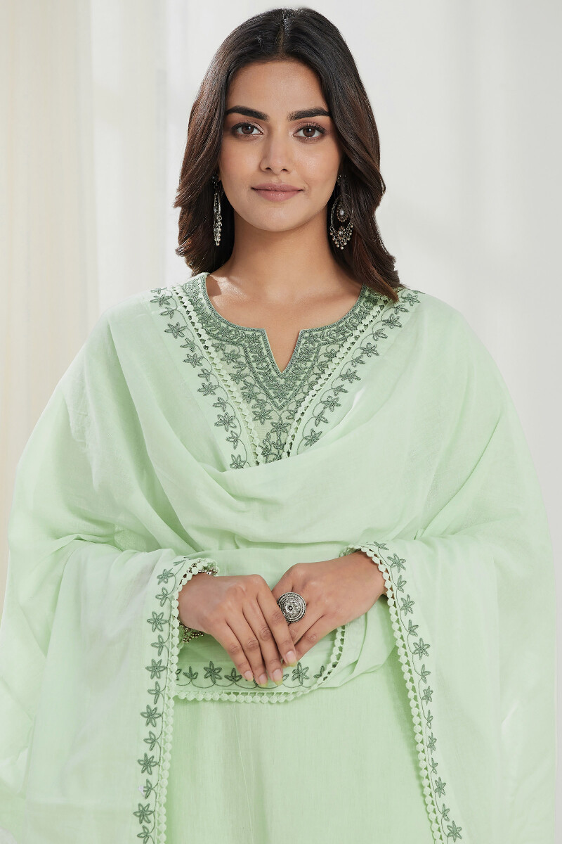 Green Handcrafted Cotton Mul Dupatta