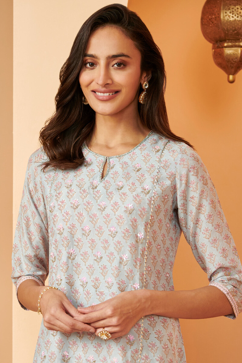 Blue Hand Block Printed Short Modal Kurta