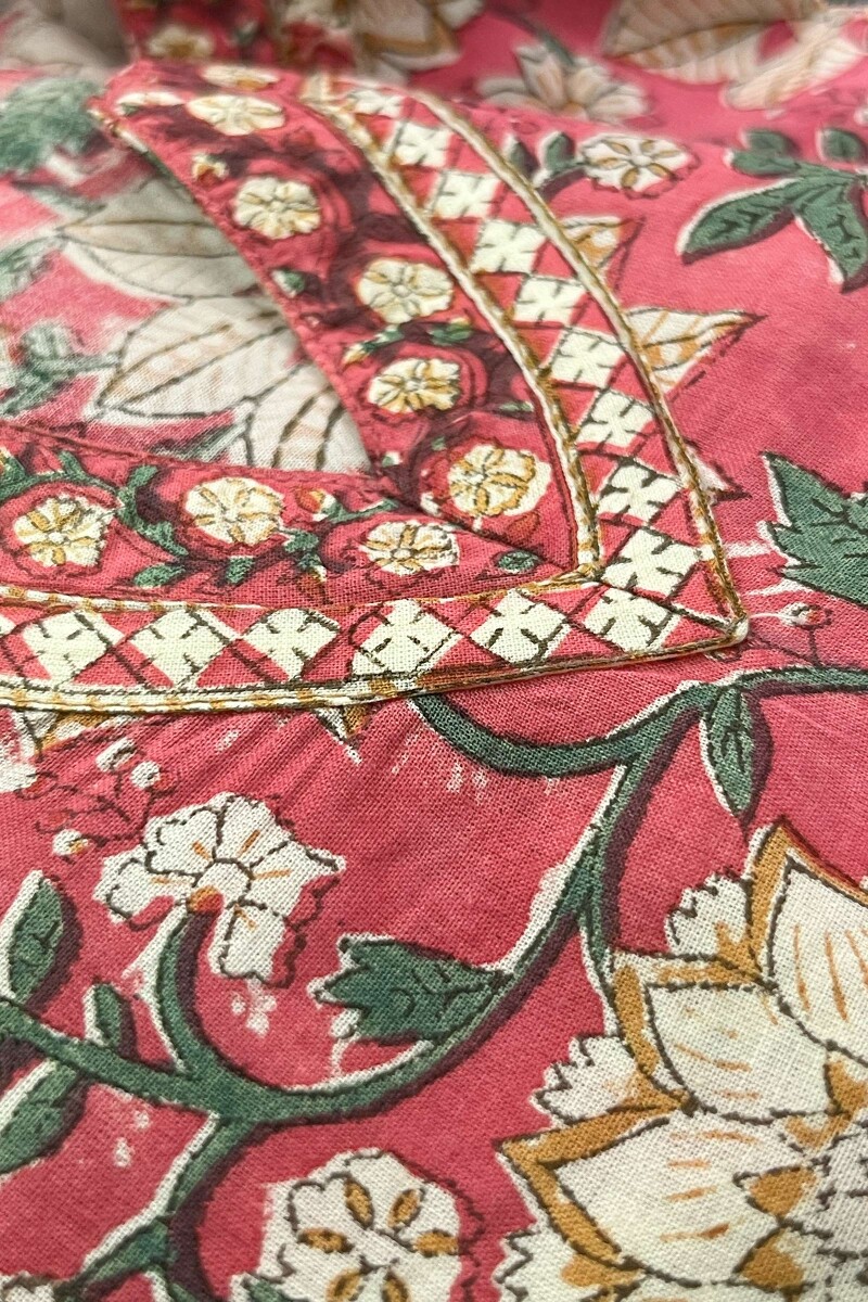 Pink Hand Block-Printed Straight Cotton Kurta