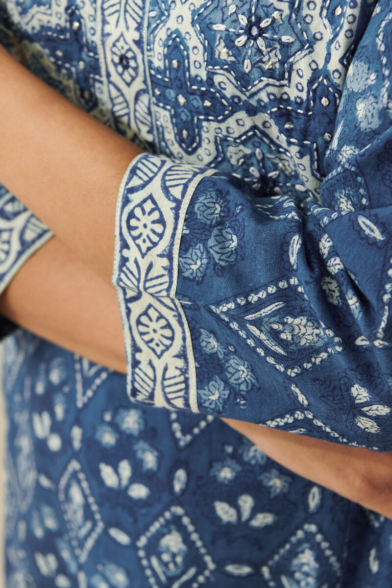 Indigo Hand Block Printed Straight Cotton Kurta