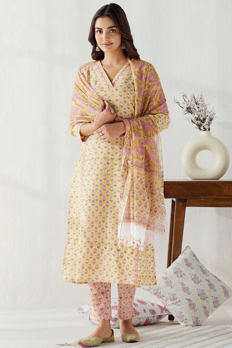 Pink Hand Block Printed Cotton Flax Narrow Pants