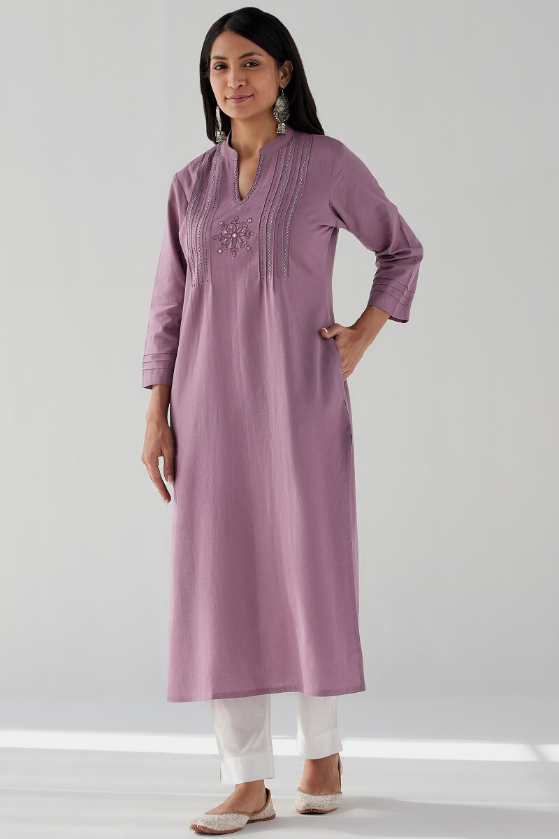 Purple Handcrafted Straight Cotton Flax Kurta