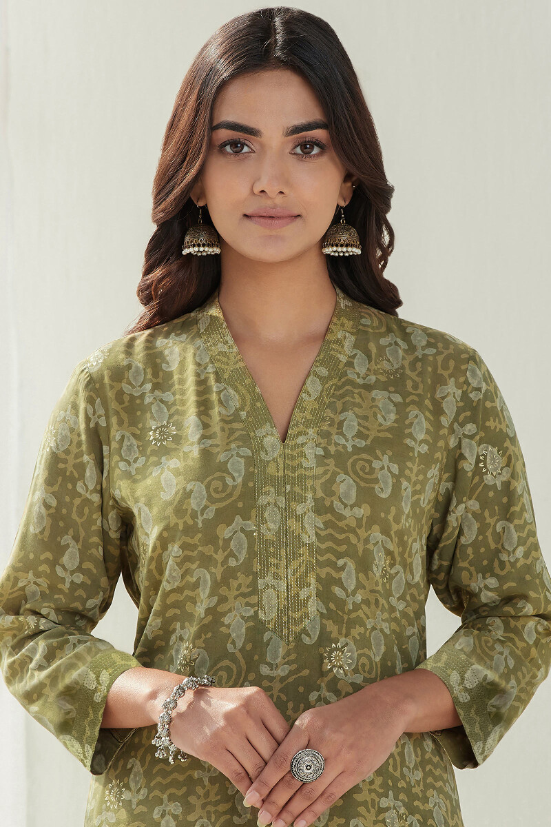 Green Hand Block Printed Straight Modal Kurta