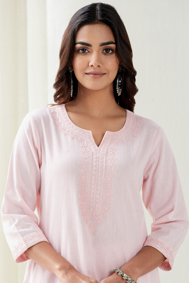 Pink Handcrafted Straight Cotton Flax Kurta