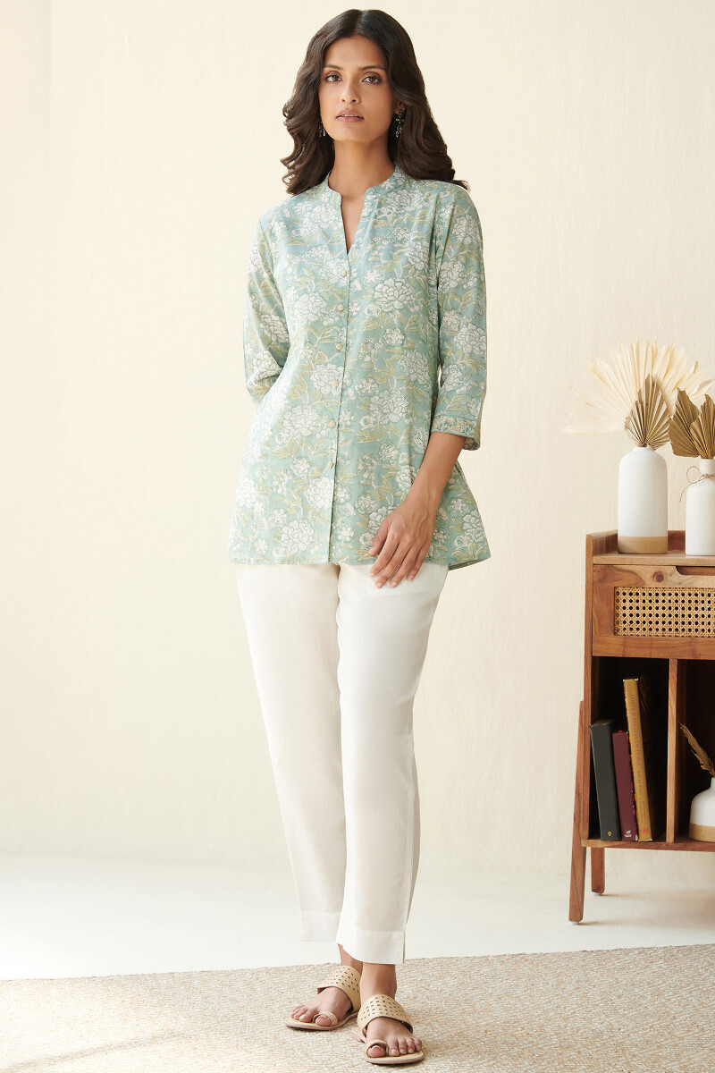 Blue Hand Block Printed Cotton Slub Top
