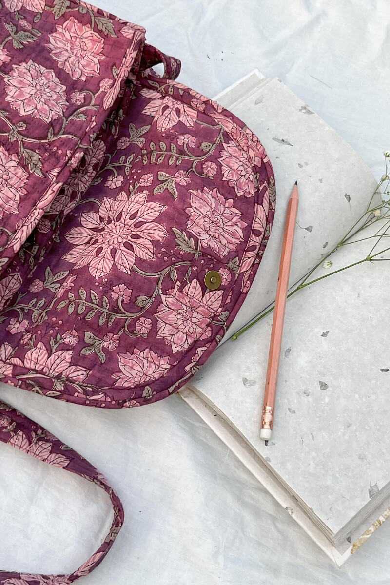 Purple Hand Block-Printed Cotton Crossbody Bag