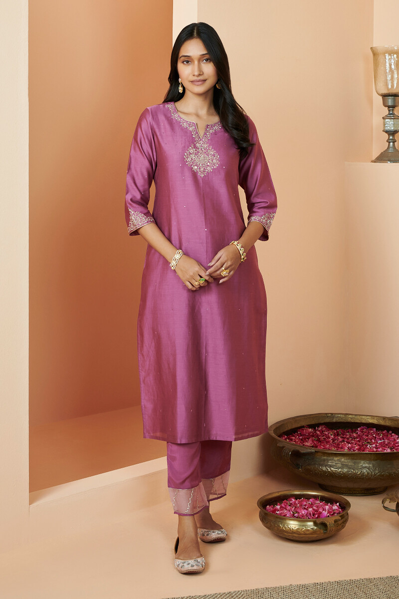 Purple Handcrafted Straight Chanderi Kurta