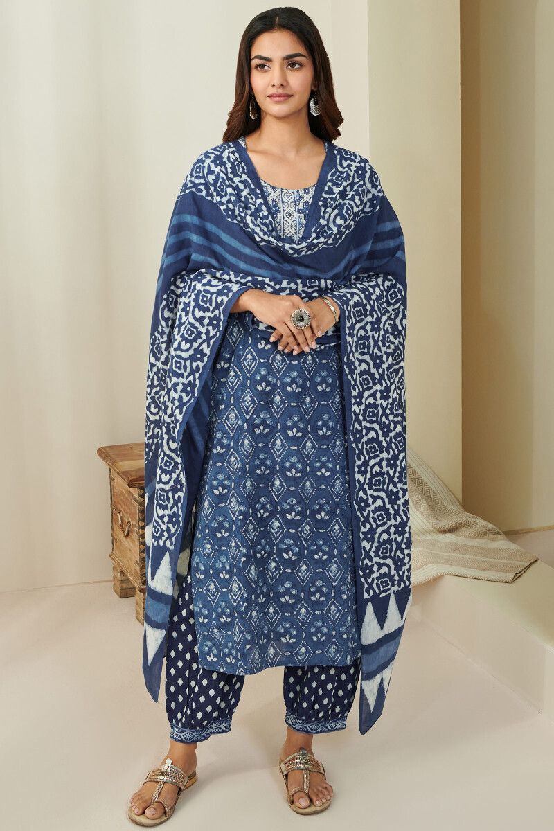 Indigo Hand Block Printed Straight Cotton Kurta