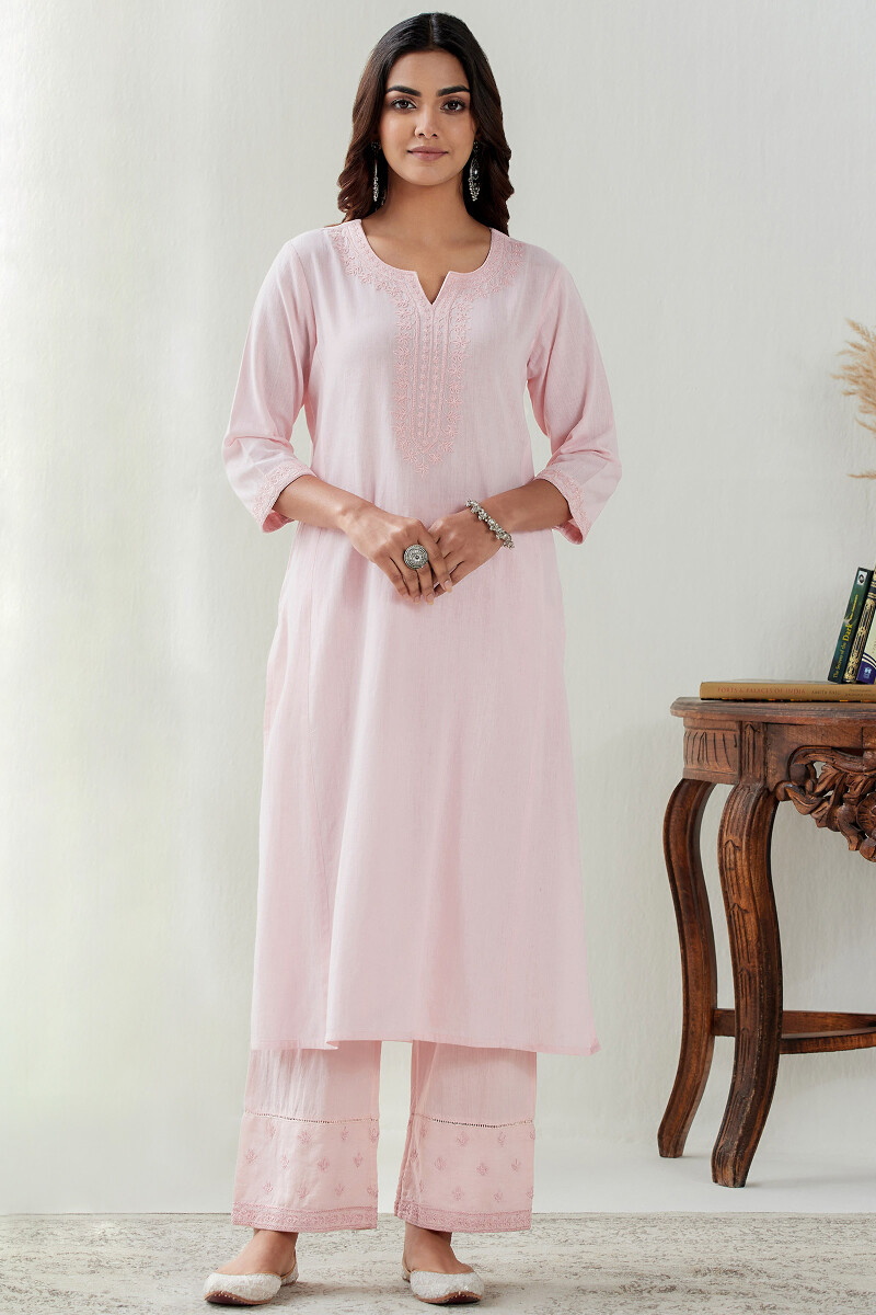 Pink Handcrafted Straight Cotton Flax Kurta