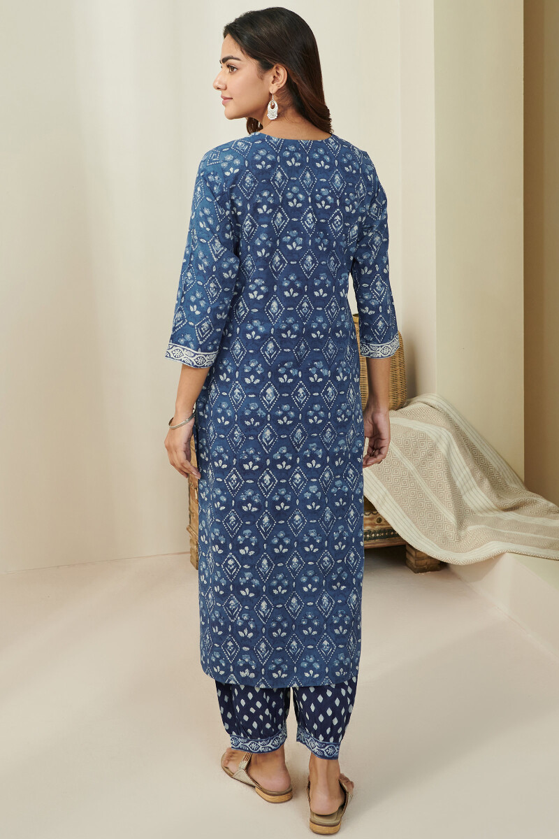 Indigo Hand Block Printed Straight Cotton Kurta