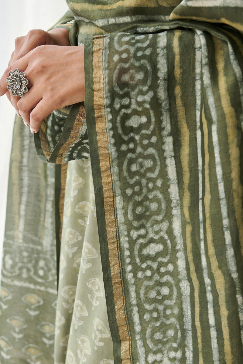 Green Hand Block Printed Chanderi Dupatta