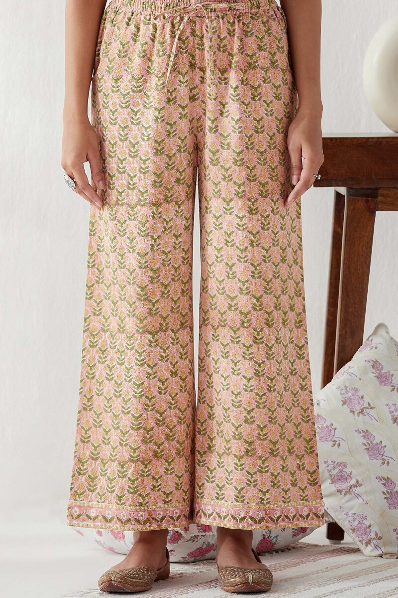 Pink Hand Block Printed Cotton Flax Farsi