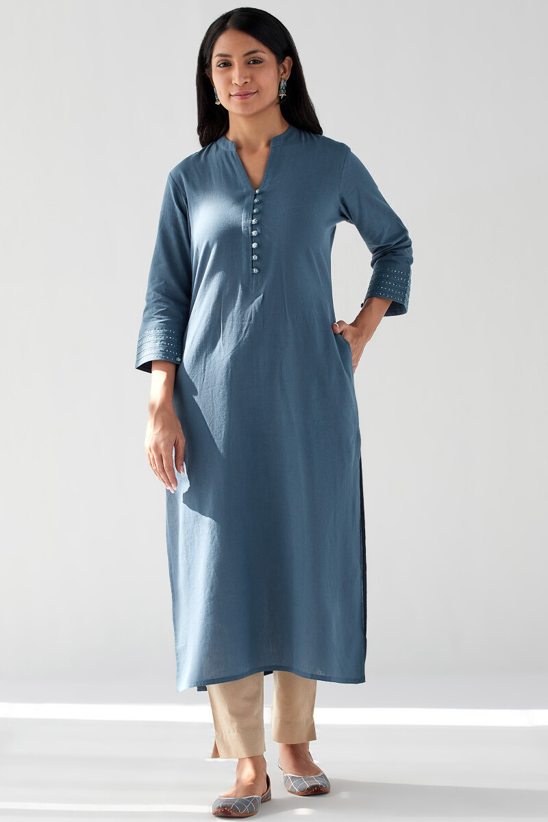 Blue Handcrafted Straight Handloom Kurta