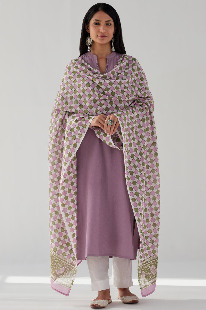 Off-White Hand Block Printed Cotton Mul Dupatta