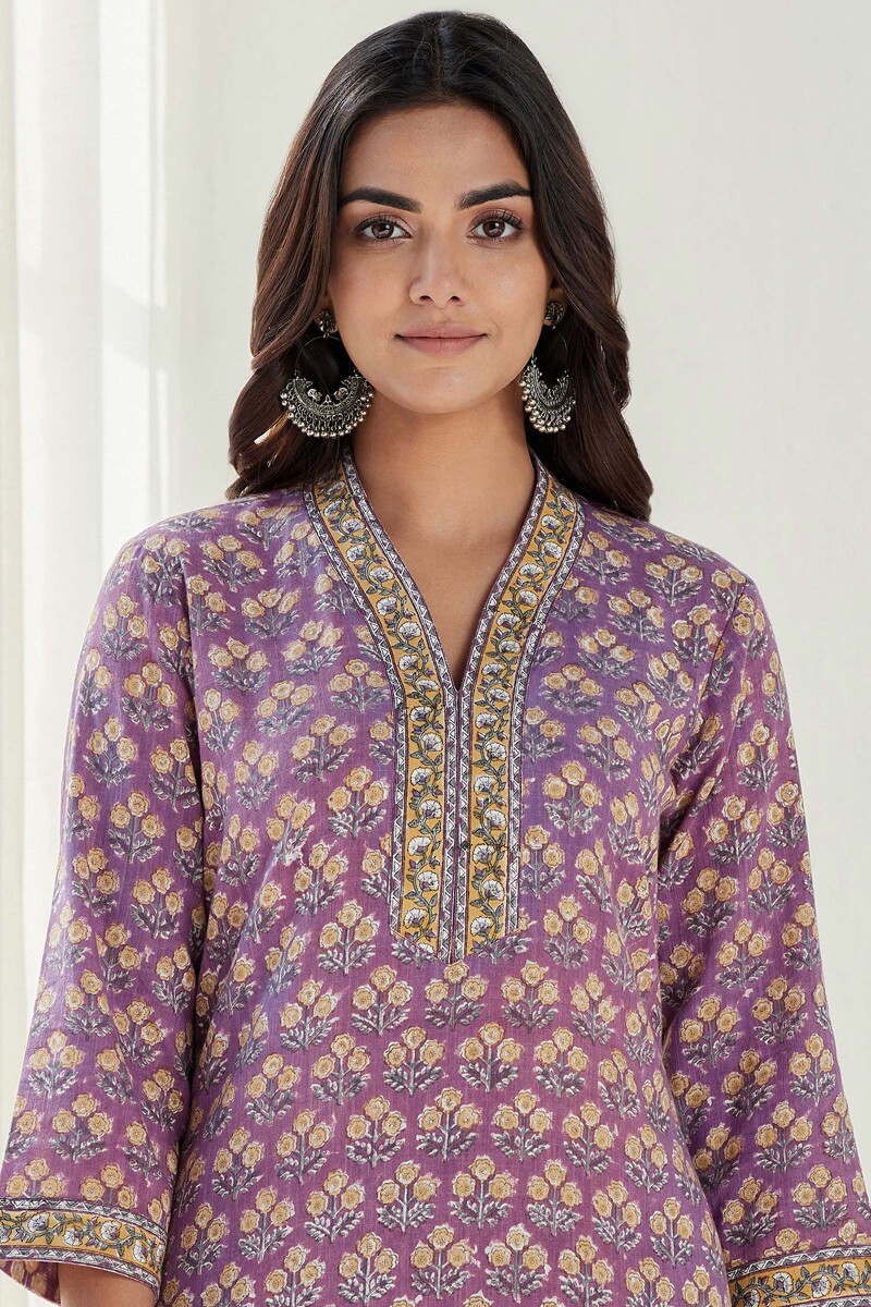 Purple Hand Block Printed Straight Cotton Slub Kurta