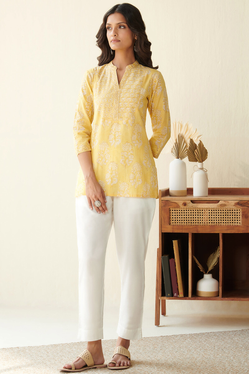 Yellow Hand Block Printed Cotton Dobby Top
