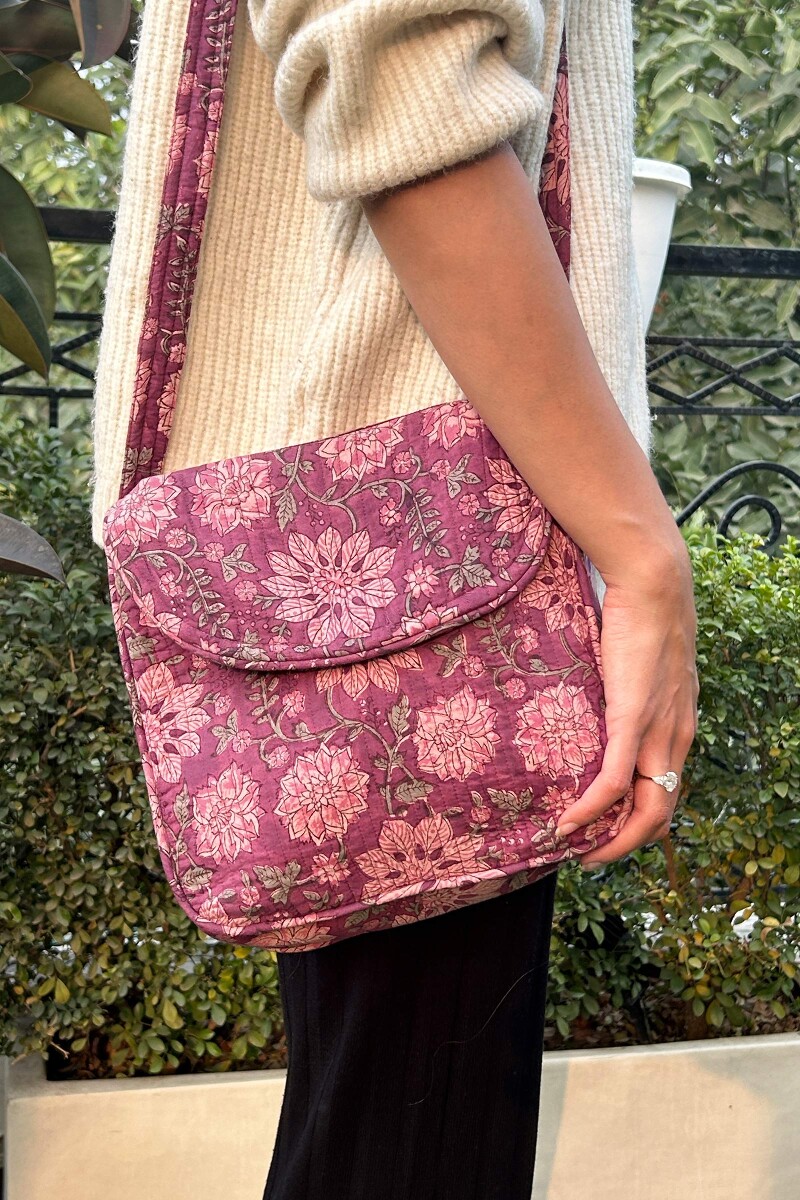 Purple Hand Block-Printed Cotton Crossbody Bag