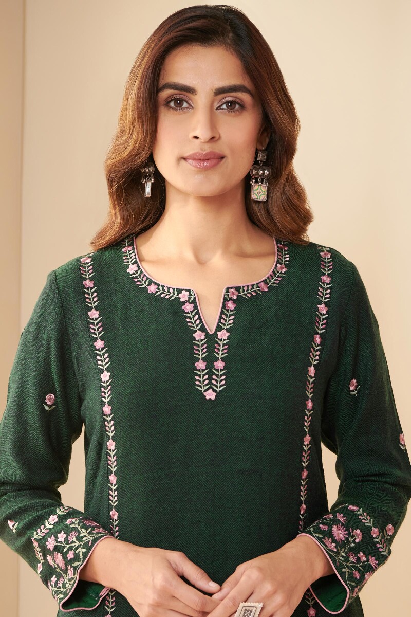 Green Handcrafted A-Line Faux Wool Kurta