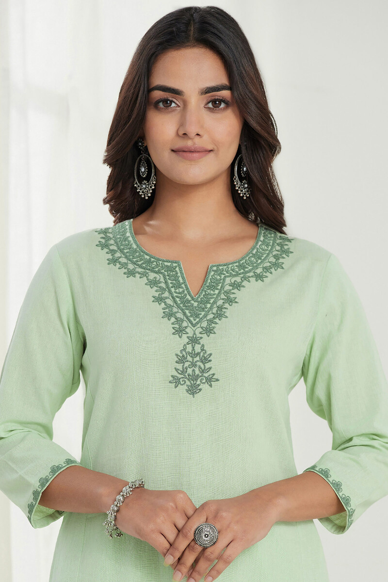 Green Handcrafted Straight Cotton Flax Kurta