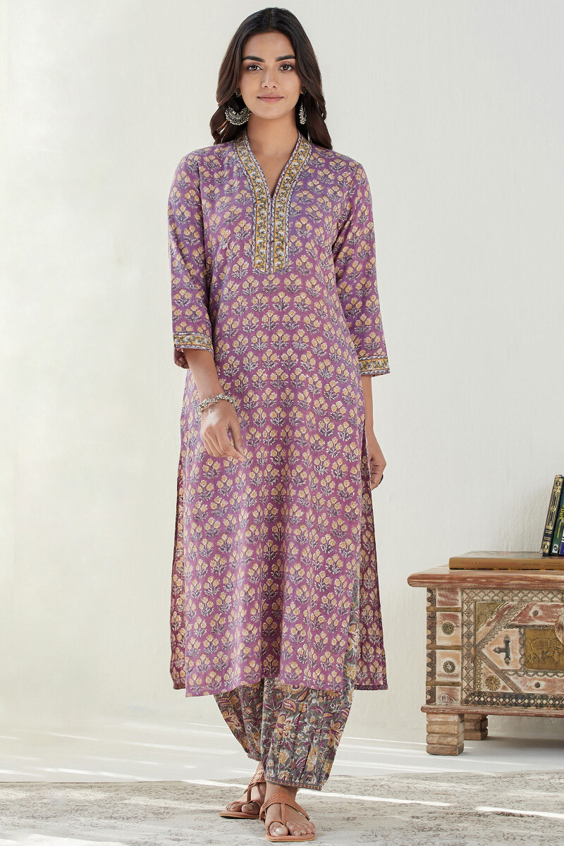Purple Hand Block Printed Straight Cotton Slub Kurta