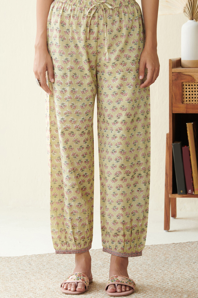 Mustard Hand Block Printed Cotton Dobby Izhaar Pants