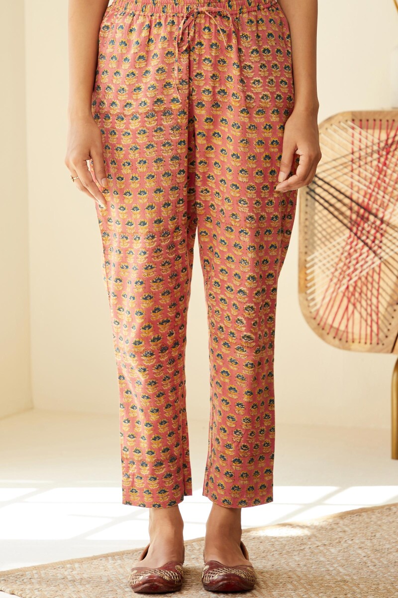 Peach Hand Block-Printed Cotton Narrow Pants