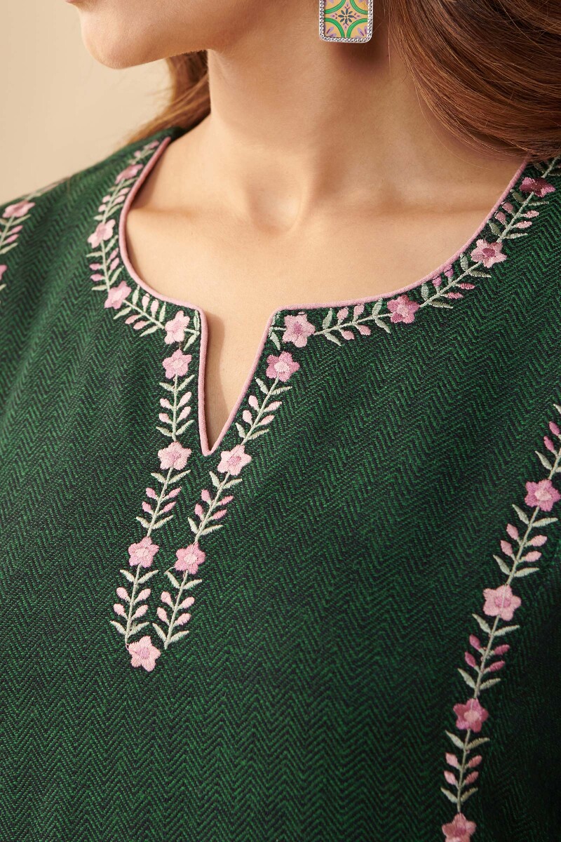 Green Handcrafted A-Line Faux Wool Kurta