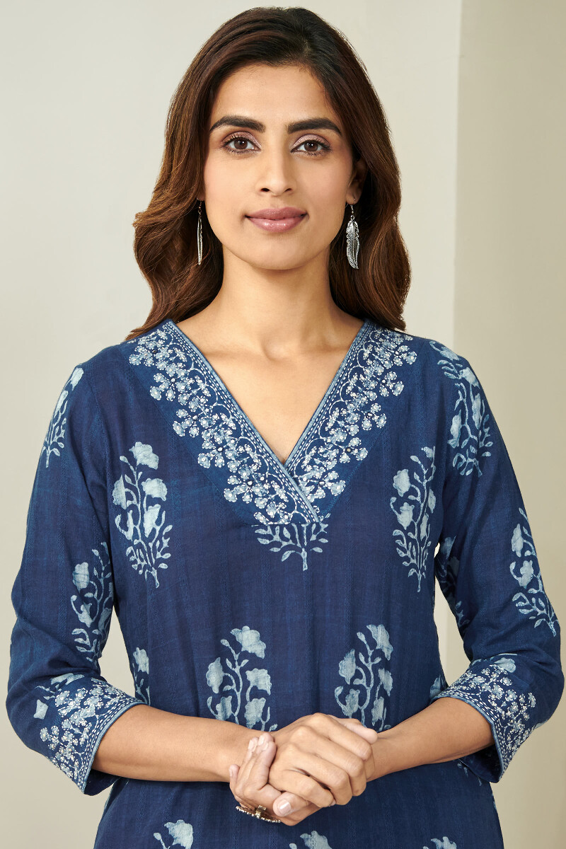 Indigo Hand Block Printed Straight Cotton Dobby Kurta