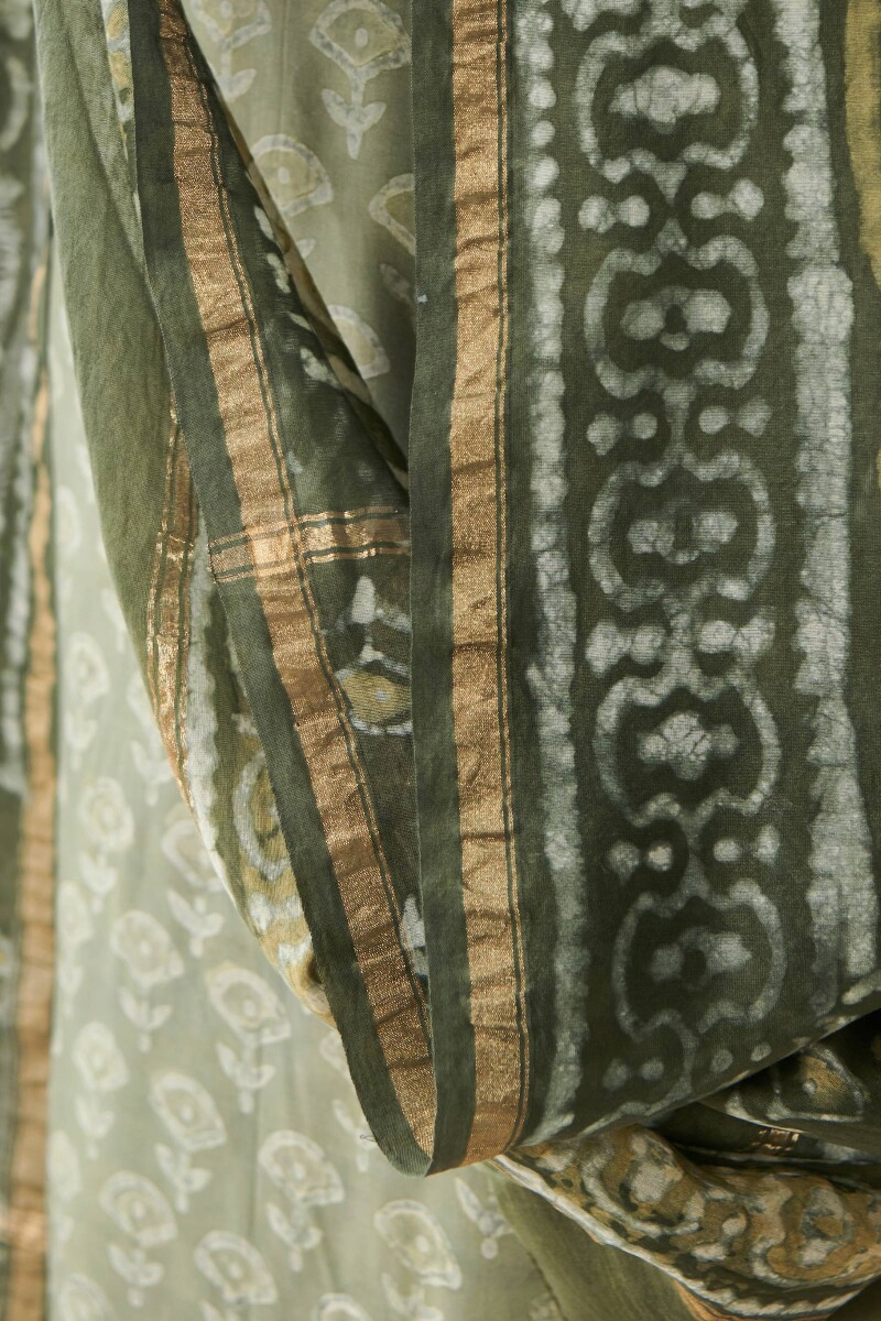 Green Hand Block Printed Chanderi Dupatta