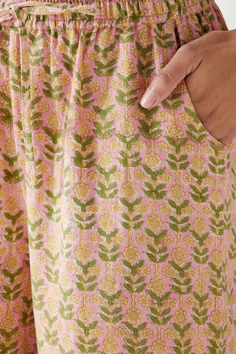 Pink Hand Block Printed Cotton Flax Farsi