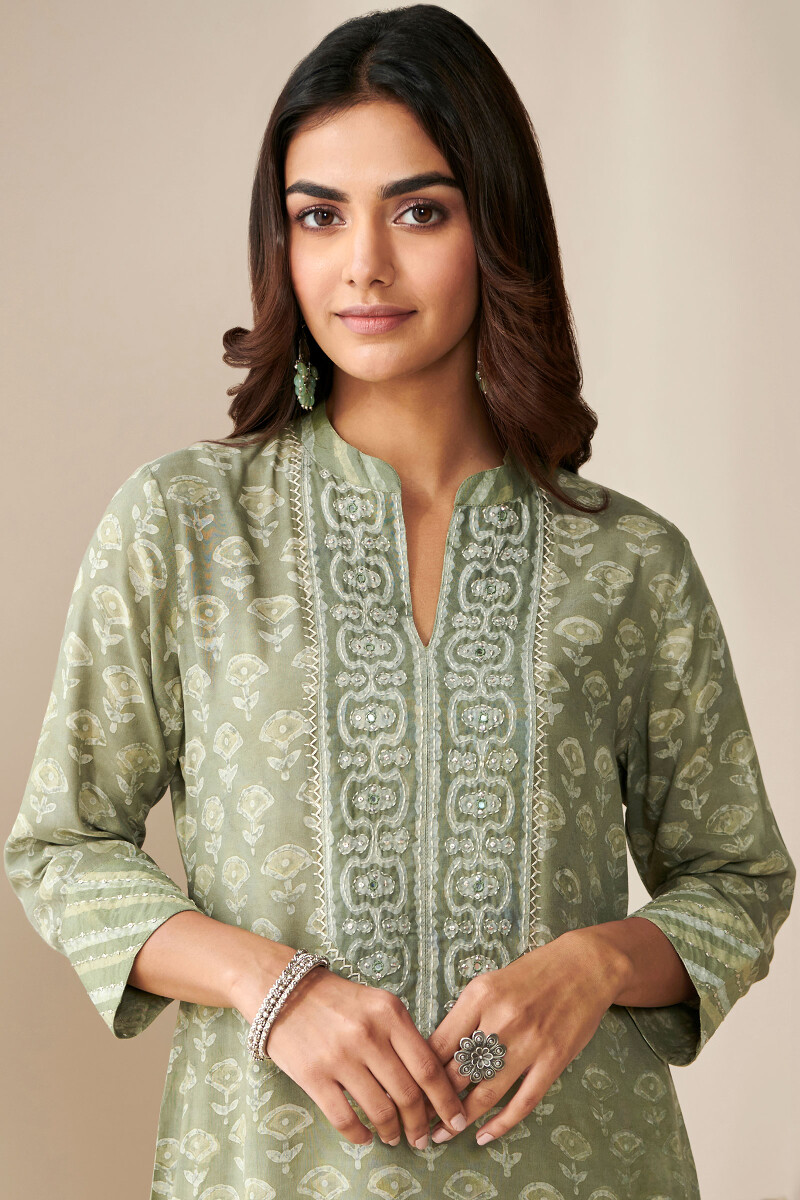 Green Hand Block Printed Straight Modal Kurta