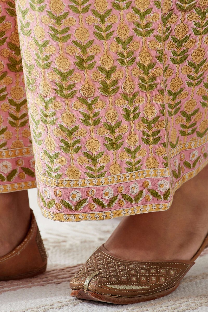 Pink Hand Block Printed Cotton Flax Farsi