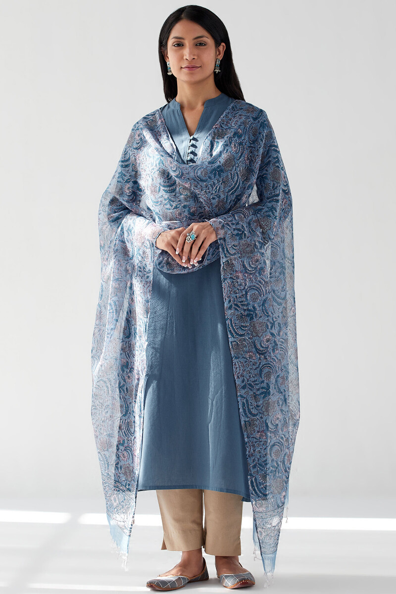 Blue Hand Block Printed Kota Dupatta