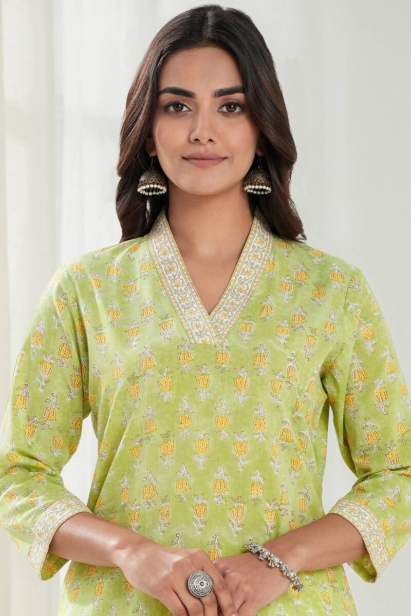 Green Hand Block Printed Straight Cotton Kurta