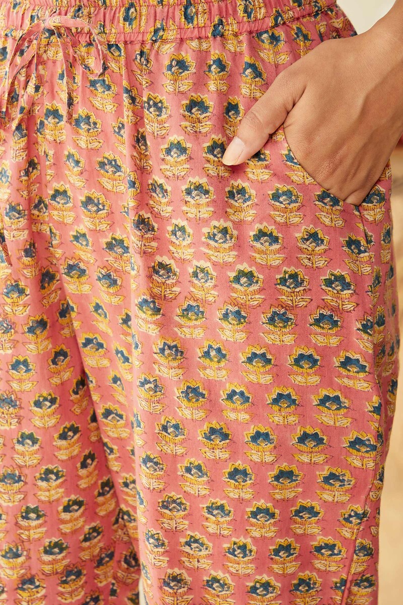 Peach Hand Block-Printed Cotton Narrow Pants