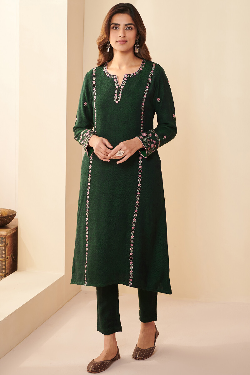 Green Handcrafted A-Line Faux Wool Kurta
