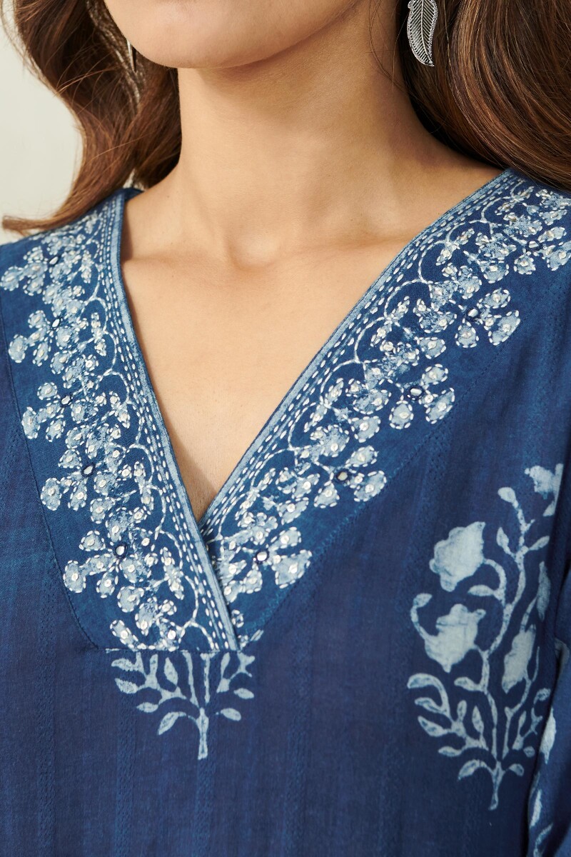 Indigo Hand Block Printed Straight Cotton Dobby Kurta