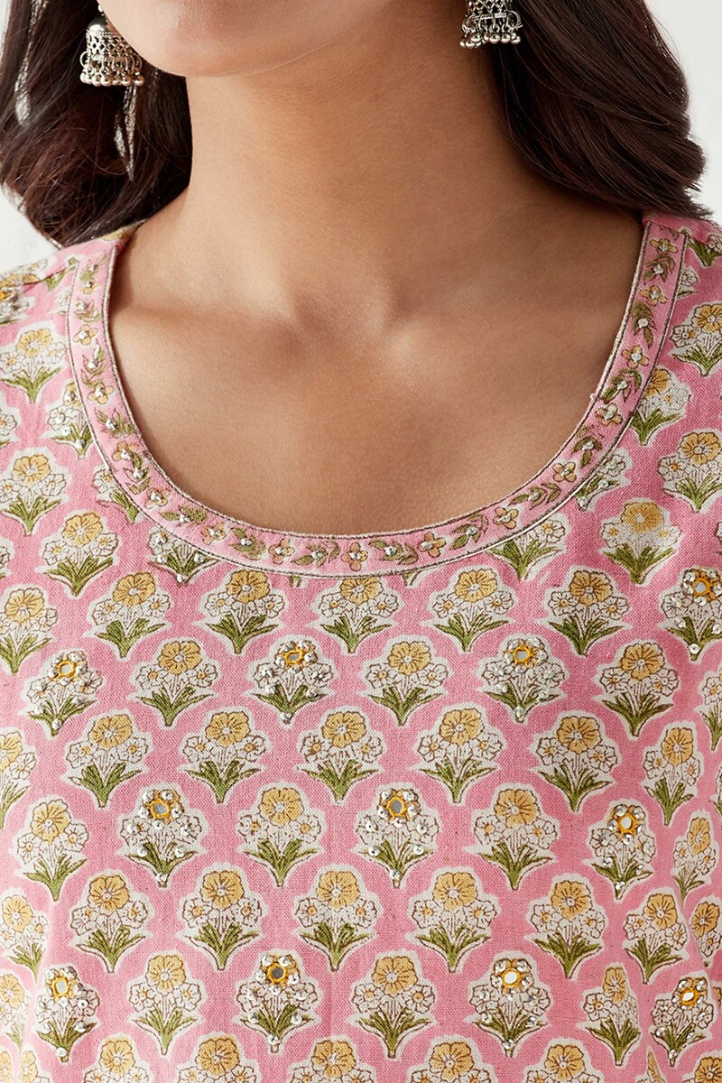 Pink Hand Block Printed Straight Cotton Flax Kurta