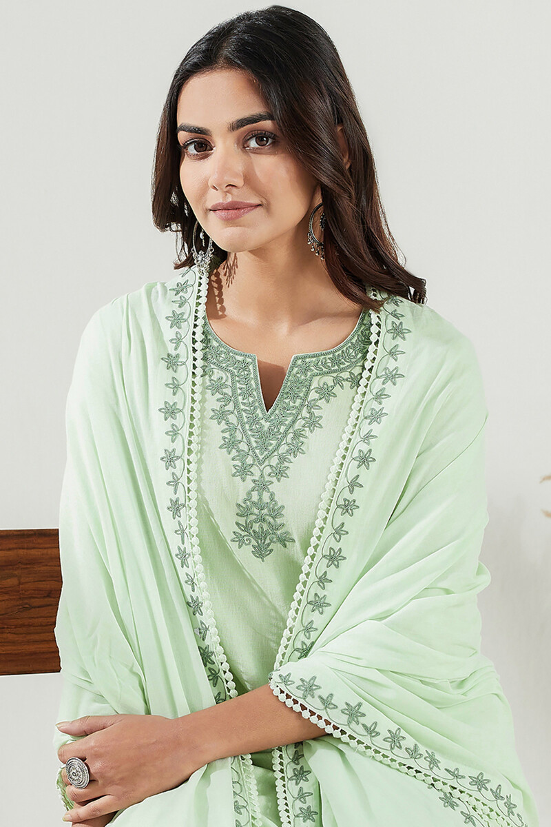 Green Handcrafted Cotton Mul Dupatta
