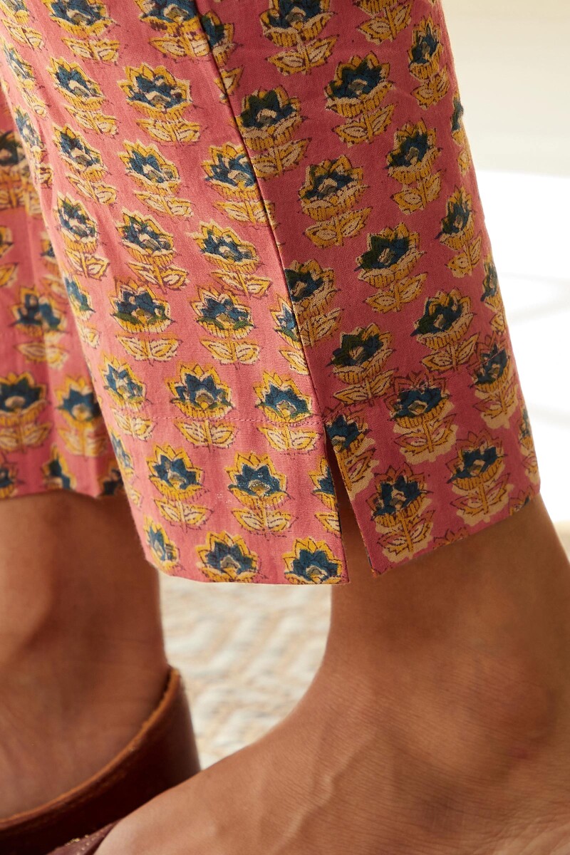 Peach Hand Block-Printed Cotton Narrow Pants