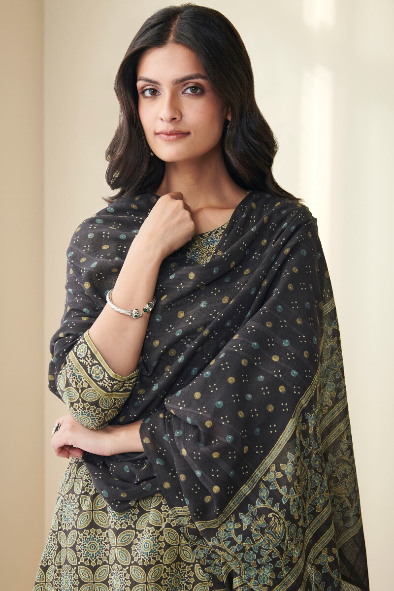 Black Hand Block Printed Cotton Dupatta