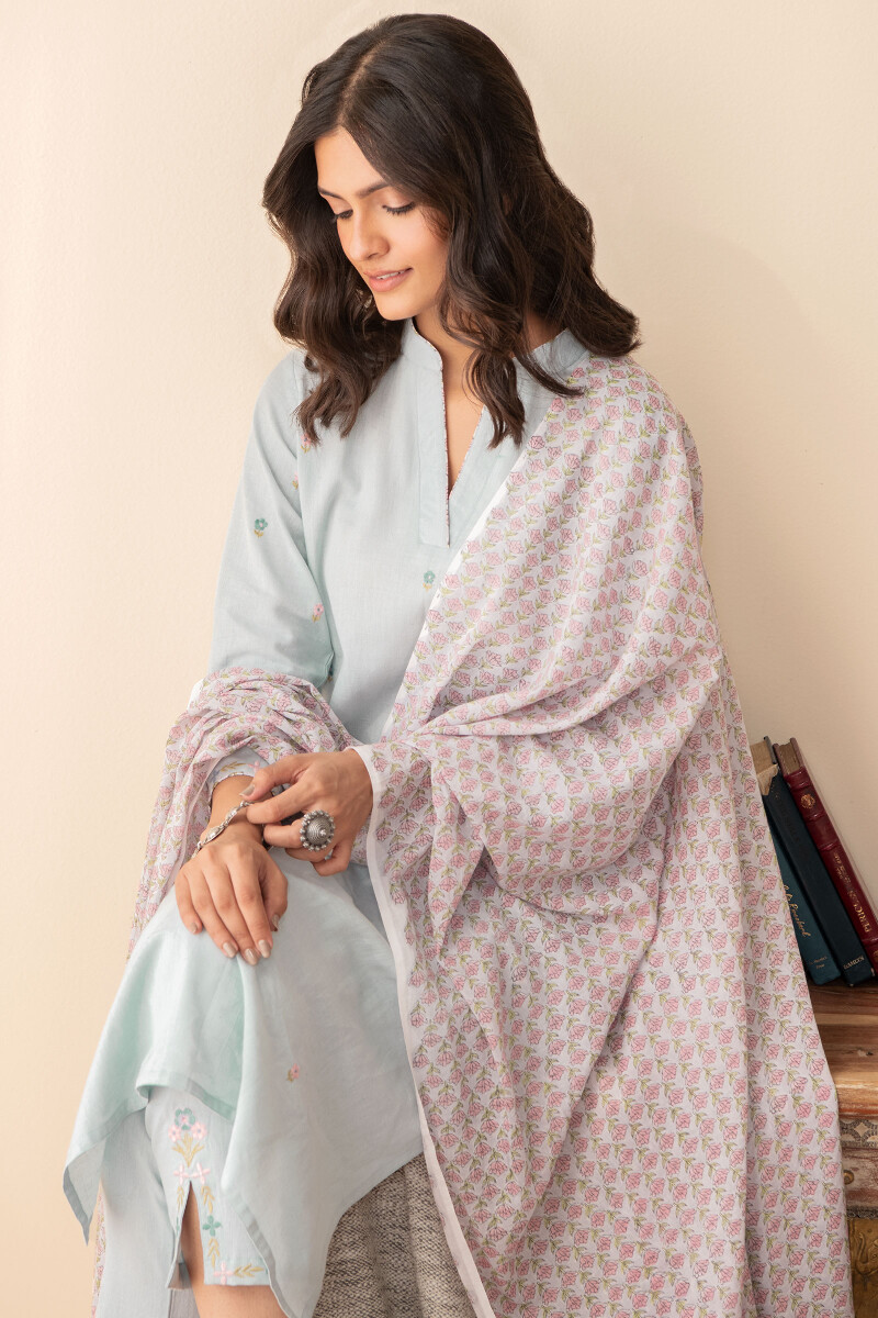 Blue Handcrafted Straight Cotton Flax Kurta