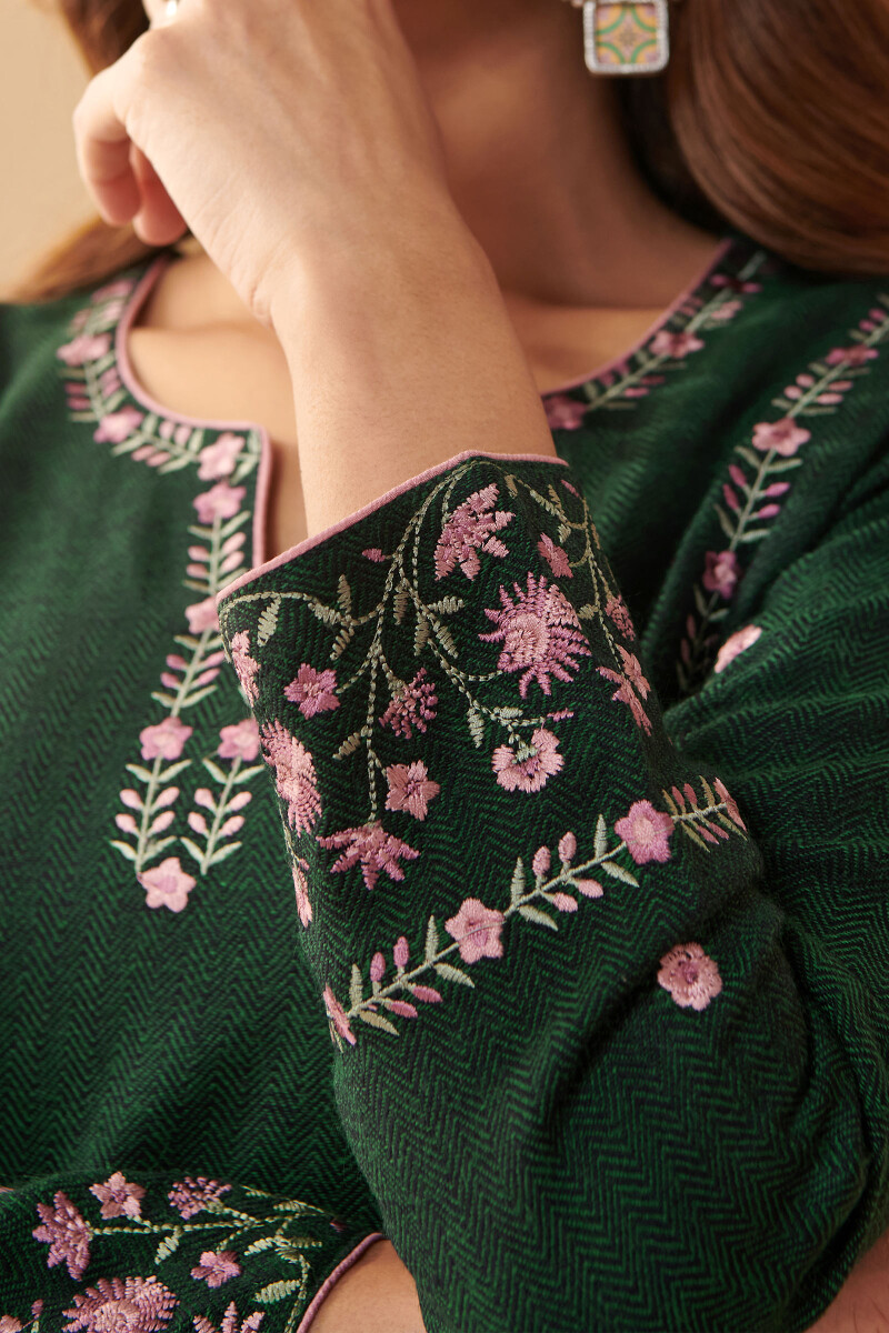 Green Handcrafted A-Line Faux Wool Kurta
