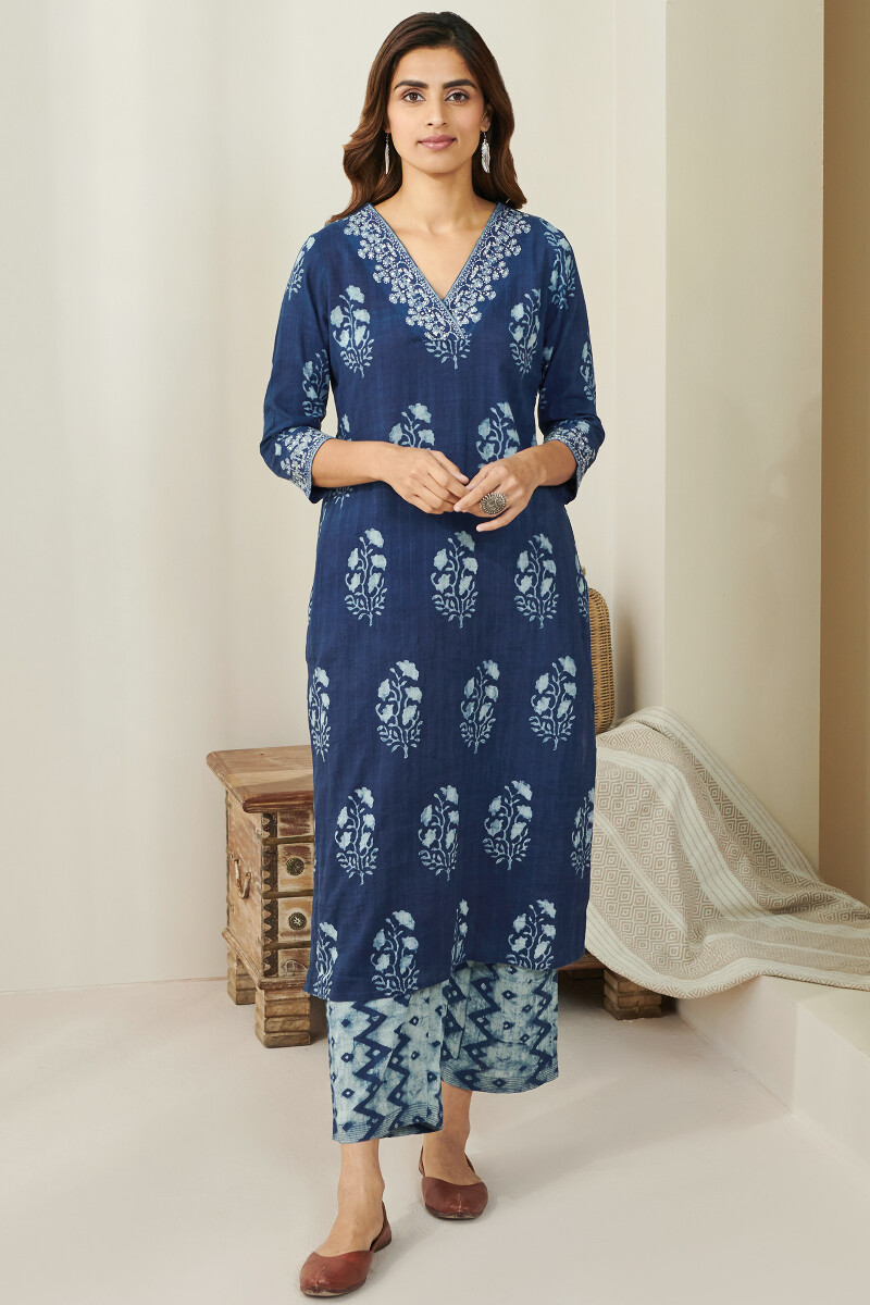 Indigo Hand Block Printed Straight Cotton Dobby Kurta