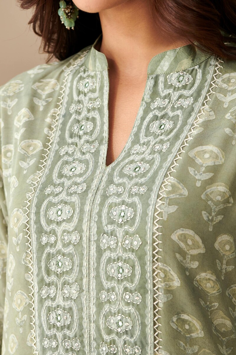 Green Hand Block Printed Straight Modal Kurta