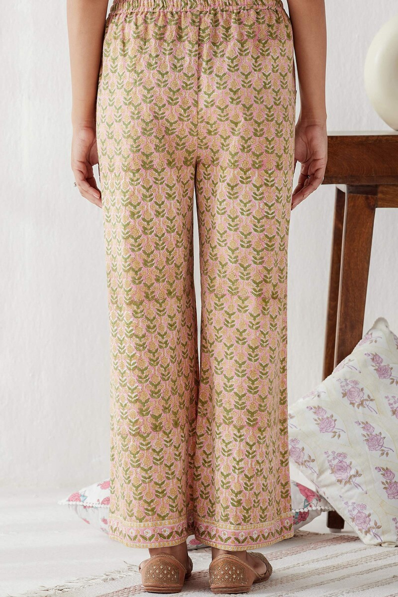 Pink Hand Block Printed Cotton Flax Farsi