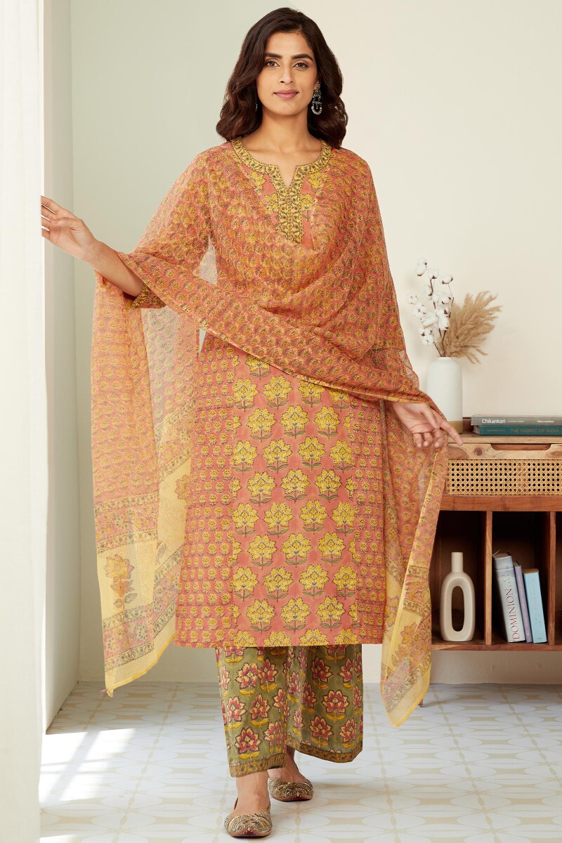 Peach Hand Block-Printed Straight Cotton Kurta