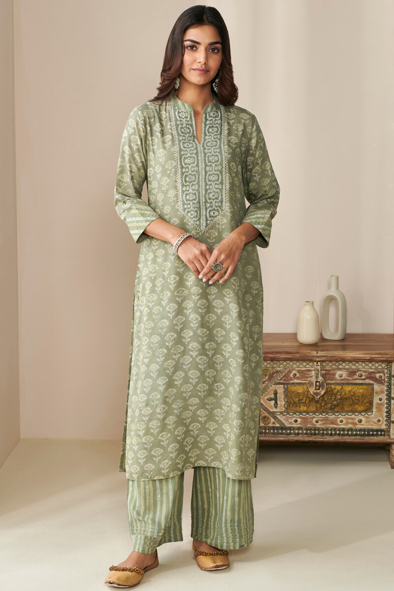 Green Hand Block Printed Straight Modal Kurta